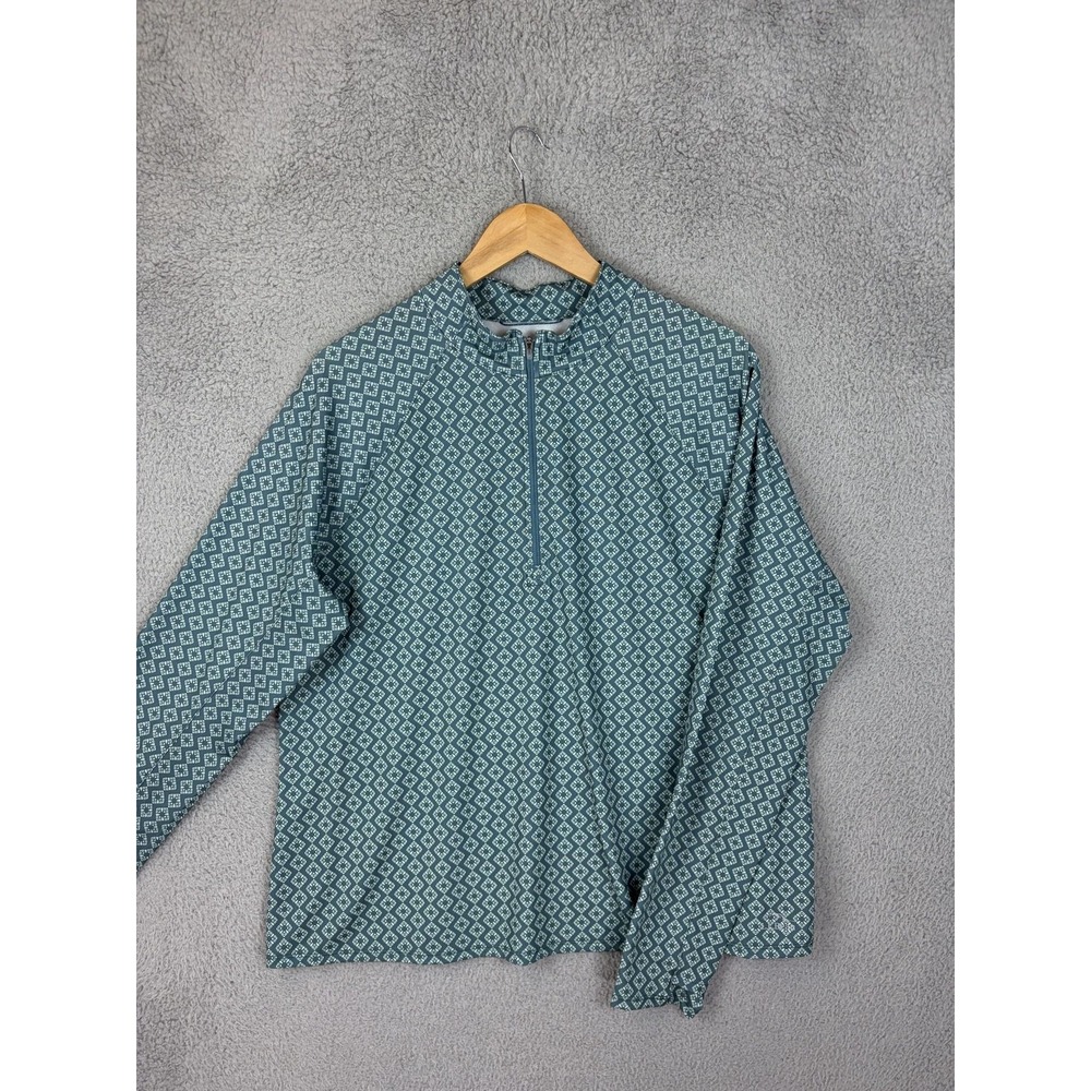 LL Bean Womens XL Petite Blue Geometric Mock Neck Zip Long Sleeve Top 525759